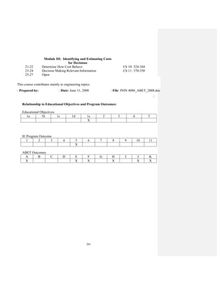 201
Module III: Identifying and Estimating Costs
for Decisions
21-22 Determine How Cost Behave Ch 10: 324-344
23-24 Decision Making Relevant Information Ch 11: 370-350
25-27 Open
This course contributes mainly to engineering topics.
Prepared by: Date: June 11, 2008 File: ININ 4086_ABET_2008.doc
Relationship to Educational Objectives and Program Outcomes:
Educational Objectives
1a 1b 1c 1d 1e 2 3 4 5
X
IE Program Outcome
1 2 3 4 5 6 7 8 9 10 11
X
ABET Outcomes
A B C D E F G H I J K
X X X X X X
 