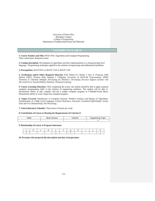 215
University of Puerto Rico
Mayagüez Campus
College of Engineering
Department of Engineering Science and Materials
COURSE SYLLABUS
1. Course Number and Title: INGE 3016, Algorithms and Computer Programming
Three credit hours, Required course
2. Catalog description: Development of algorithms and their implementation in a structured high level
language. Programming techniques applied to the solution of engineering and mathematical problems.
3. Prerequisites: MATE3031 or MATE 3144 or MATE 3183
4. Textbook(s) and/or Other Required Material: H.M. Deitel, P.J. Deitel, C How to Program, Fifth
Edition (2007), Prentice Hall; Stephen J. Chapman, Essentials of MATLAB Programming, (2006)
Thomson; S. Christian Albright, Developing for Modelers: Developing Decision Support Systems with
Microsoft Excel, Second Edition, Duxbury, Thomson Learning.
5. Course Learning Outcomes: After completing the course, the student should be able to apply acquired
computer programming skills to the solution of engineering problems. The student will be able to:
Demonstrate ability to edit, compile, and run a simple computer program in C/Matlab/Visual Basic;
Demonstrate ability to write a bugs-free computer program.
6. Topics Covered: Introduction to Computer Systems, Problem Analysis and Design of Algorithms,
Fundamentals of a High Level Language, Control Structures, Functions, Formatted Input/Output, Arrays
(One and Two Dimensional), File Processing.
7. Class/Laboratory Schedule: Three hours of lecture per week
8. Contribution of Course to Meeting the Requirements of Criterion 5:
Math Basic Science General Engineering Topic
x
9. Relationship of Course to Program Outcomes:
a b c d e f g h i j k
x x x x
10. Person(s) who prepared this description and date of preparation:
 