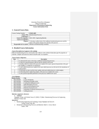 223
University of Puerto Rico at Mayagüez
College of Engineering
Department of Mechanical Engineering
Course Information Form
1. General Course Data
Course Catalog Number INME 4055
Course Title Manufacturing Processes
Credit-hours 3
Course Pre-requisites GEEG 4001, Engineering Materials
Course Co-requisites
Purpose To develop a unified vision of the traditional manufacturing processes and the
impact of the product design in the selection of the process.
Responsible for its content Materials and Manufacturing Committee
2. Detailed Course Information
Course Description (as it appears in the catalog)
Different manufacturing processes and machine tools; influence of the method of fabrication upon the properties of
materials; computer and numerical control of machine tools; use of plastics.
Course Goals or Objectives
Item Description
1 To understand the basics of the basic, traditional manufacturing processes.
2 To relate the material properties with the way the material is processed.
3 To identify, within the context of the processes studied in the course, general characteristics in the part
that simplifies or complicates its manufacture.
4 To select within the processes studied in the course which processes are the best for the manufacture of
a given product.
5 To effectively use data to perform basic quality control and statistical process control analysis.
6 To effectively perform engineering analysis of the processes studied in the course.
7 To select practical operation parameters of the processes studied in the course.
List of Modules
Module Number Title
MEEG4055M1 Course introduction
MEEG4055M2 Metrology and quality control
MEEG4055M3 Casting and molding processes
MEEG4055M4 Bulk deformation processes
MEEG4055M5 Sheet metal forming processes
MEEG4055M6 Material removal processes
MEEG4055M7 Automation of material removal processes
MEEG4055M8 Joining processes
Materials, equipment, references
• Textbook
Kalpakjian, Serope, and Schmid, Steven, R, (2003), 4th Edition; Manufacturing Processes for Engineering
Materials; Prentice Hall.
References
1. Manufacturing Engineering and Technology, Serope Kalpakjian and Steven R.
Schmid, Prentice Hall, 2001
2. Introduction to Manufacturing Processes and Materials, Robert C. Creese, Marcel
Dekker, 1999
 