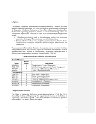 5
3. Options
The Industrial Engineering Department offers a program leading to a Bachelor of Science
degree in Industrial Engineering. It is a five-year program which prepares professionals
for the practice of Industrial Engineering in Puerto Rico and elsewhere. Graduates from
the Industrial Engineering program are prepared to work in manufacturing, service and
governmental organizations. Employers of some of our industrial engineering graduates
include:
• Manufacturing industries such as pharmaceuticals, textiles, food processing,
electronics, clothing and shoes, health and hospital related products.
• Services industries such as: banks, hospitals, supermarket chains, furniture chains,
communications, managerial consultants, system developers, public utilities, and
cooperatives.
The program also offers students the option of completing courses towards a Certificate
in Project Management. The certificate requires 12 credit hours out of which 9 are from
required courses and 3 are from an elective course. The required courses and a list of
electives among which students can choose from are listed in Table B.1.
Table B.1 Courses for the Certificate in Project Management
Required Courses:
Course
Credit
Hours Description
ADMI 4085 3 Fundamentals of Project Management
INGE 4008 3 Interdisciplinary Approaches to Project Management
ININ 5575 or
ININ 4018
3 Sequencing and Scheduling of Resources or
Digital Computer Simulation
Elective Course:
ININ 5505 3 Total Quality Management
ININ 4018 3 Digital Computer Simulation
ININ 4035 3 Human Resource Planning
ADMI 3155 3 Creativity and Entrepreneurial Innovation
ADMI 3315 3 Fundamentals of E-commerce
ADMI 3100 3 New Business Development
GERH 4027 3 Leadership in Organizations
4. Organizational Structure
The College of Engineering (CoE) is the largest educational unit at UPRM. The CoE is
directed by the Dean of Engineering. The organizational structure of the College of
Engineering is presented in Figure B.1. The Office of the Dean coordinates the operations
within the CoE. The Dean is aided in this task by:
 
