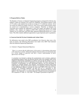 8
5. Program Delivery Modes
The Bachelor of Science in Industrial Engineering program is designed for full-time day
students. It takes ten semesters (five years) for completion. The program requires a total
of 175 credits, so the students have to take an average of 17.5 credits per semester. All of
our courses are offered on-campus. However, some of our courses require projects which
are carried out in manufacturing or service companies. Therefore, as designed, the
curriculum gives students the opportunity to leave the campus and address real world
problems. Also, students can register in ININ 4995, Engineering Practice for COOP
students, for six credit hours, and ININ 4046, Industrial Engineering Practice for 3 credit
hours. This offers students additional opportunities to gain experience prior to graduation.
6. Concerns from the Previous Evaluation and Actions Taken
No deficiencies were noted in the 2002 accreditation visit. However, there were a few
areas of concern. The following observations were made in the ABET final statement
about the Industrial Engineering Department:
A. Criterion 2. Program Educational Objectives.
“There is a concern that the effectiveness of the metrics in determining achievement
of the objectives is unclear. The faculty indicates that the metrics are in transition due
to a recent change in objectives and that a clearer understanding of metric
effectiveness will emerge.”
A committee was formed to redesign the questionnaires sent to alumni, employers
and graduating students. Both, the questions and the scales were changed. Only on the
employers questionnaire respondents are asked to rate not only the alumni’s level of
performance, but also the level of importance of each skill. The metric chosen for the
evaluation of performance on each educational objective was the percentage of
responses on “strongly disagree” and “disagree”. We decided to analyze results using
scatter diagrams. Our goal was based on the level of importance given by employers
to each educational objective assessed. On those rated 100% of the times as “very
important” or “extremely important” the goal was set to a maximum of 10%
responses given as “weak” or “very weak”. On those educational objectives never
rated as “very important” or “extremely important” the goal was set to a maximum of
20% responses as “weak” or “very weak”. An example is presented in Figure B.2.
 