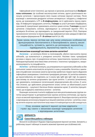 102
Тема
6.
БІОЛОГІЧНІ
ОСНОВИ
ЗДОРОВОГО
СПОСОБУ
ЖИТТЯ Інфекційний агент (патоген), що проник в організм, розпізнається дендрит­
ними клітинами. Це особливі високочутливі клітини, здатні розпізнавати мо-
лекули антигенів і презентувати його іншим клітинам імунної системи. Після
взаємодії з анитигеном дендритні клітини активуються і мігрують у лімфатичні
вузли, де взаємодіють із T- та B-лімфоцитами, які й здійснюють імунну відпо-
відь. В-лімфоцити продукують антитіла, Т-кілери за участі речовин (перфорини,
гранзими В, гранулізини) зумовлюють апоптоз чужих клітин, Т-хелпери за участі
цитокінів стимулюють клітини, відповідальні за клітинний імунітет (Тh1) та
активують В-клітини, що відповідають за гуморальний імунітет (Тh2). Повторне
проникнення патогена та імунна відповідь відбуваються вже швидше й ефектив-
ніше завдяки формуванню Т- і В-клітин пам’яті (іл. 49).
Таким чином, імунна система має цілу низку унікальних особливостей
функціонування: багатоетапність й багаторівневість захисту, високі
специфічність, чутливість, здатність до регенерації, імунологічну
індивідуальність, імунологічну пам’ять та ін.
Які механізми взаємодії системи антиген-антитіло?
Антигени – це молекули білків чи полісахаридів, здатні спричиняти імунну
відповідь, що вияв­
ляється в утворенні антитіл. Носіями таких чужорідних
речовин є віруси, про- й еукаріотичні клітини, трансплантати, пухлинні клітини.
Найхарактернішими властивостями антигенів є генетична чужорідність, макро-
молекулярність та специфічність.
Антитіла – це білкові молекули, що утворю­ються в організмі у відповідь на дію
антигенів і мають властивість вступати з ними у взаємодію. Антитіла є важли­
вим специфічним чинником захисту організму хребетних тварин проти збудників
інфекційних захворювань і генетично чужорідних речовин. Усі антитіла належать
до імуноглобулінів, які поділяють на 5 класів: IgG, IgM, IgA, IgD і IgE. За характе-
ром впливу на антиген розрізняють три групи антитіл: 1) антитіла (аглютиніни),
що зумовлюють склеювання (аглютинацію) мікроорганізмів або клітин; 2) анти-
тіла (лізини), що здійснюють розщеплення (лізис) клітин за обов’язкової участі
комплементу – сукупності багатьох білків сироватки крові; 3) антитіла (преципі-
тини), що осаджують комплекси антиген – антитіло.
Взаємодія антигенів й антитіл відбувається між розпізнавальною групою ан-
титіла (рецептором) та детермінантною групою антигена (епітопом), що ґрунту-
ється на високій відповідності (комплементарності). Внаслідок контакту антитіла
з відповідним антигеном утворюється міцний комплекс антиген – антитіло, в яко-
му антиген втрачає свої патогенні властивості й нейтралізується або знищується.
Отже, основою здатності імунної системи відрізняти
«чуже» від «свого» є механізми взаємодії чужорідних антигенів
з відповідними антитілами.
	ДІЯЛЬНІСТЬ
	 Самостійна робота з таблицею
Визначте особливості будови й функціонування імунної системи. Заповніть у
робочому зошиті таблицю та вкажіть можливі причини цих особливостей.
Право для безоплатного розміщення підручника в мережі Інтернет має
Міністерство освіти і науки України http://mon.gov.ua/ та Інститут модернізації змісту освіти https://imzo.gov.ua
 