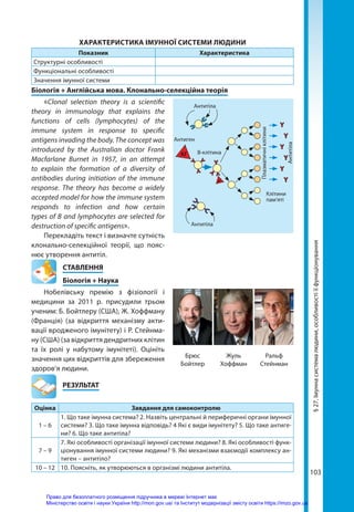 103
§
27.
Імунна
система
людини,
особливості
її
функціонування
ХАРАКТЕРИСТИКА ІМУННОЇ СИСТЕМИ ЛЮДИНИ
Показник Характеристика
Структурні особливості
Функціональні особливості
Значення імунної системи
Біологія + Англійська мова. Клонально-селекційна теорія
«Clonal selection theory is a scientific
theory in immunology that explains the
functions of cells (lympho­
cytes) of the
immune system in response to specific
antigens invading the body. The concept was
introduced by the Australian doctor Frank
Macfarlane Burnet in 1957, in an attempt
to explain the formation of a diversity of
antibodies during initiation of the immune
response. The theory has become a widely
accepted model for how the immune system
responds to infection and how certain
types of B and lymphocytes are selected for
destruction of specific antigens».
Перекладіть текст і визначте сутність
клонально-селекційної теорії, що пояс-
нює утворення антитіл.
СТАВЛЕННЯ
Біологія + Наука
Нобелівську премію з фізіології і
медицини за 2011 р. присудили трьом
ученим: Б. Бойтлеру (США), Ж. Хоффману
(Франція) (за відкриття механізму акти-
вації вродженого імунітету) і Р. Стейнма-
ну (США) (за відкриття дендритних клітин
та їх ролі у набутому імунітеті). Оцініть
значення цих відкриттів для збереження
здоров’я людини.
	РЕЗУЛЬТАТ
Оцінка Завдання для самоконтролю
1 – 6
1. Що таке імунна система? 2. Назвіть центральні й периферичні органи імунної
системи? 3. Що таке імунна відповідь? 4 Які є види імунітету? 5. Що таке антиге-
ни? 6. Що таке антитіла?
7 – 9
7. Які особливості організації імунної системи людини? 8. Які особливості функ-
ціонування імунної системи людини? 9. Які механізми взаємодії комплексу ан-
тиген – антитіло?
10 – 12 10. Поясніть, як утворюються в організмі людини антитіла.
Антитіла
Плазматичні
клітини
Клітини
пам’яті
Антитіла
Антитіла
В-клітина
Антиген
АГ
АГ
Брюс
Бойтлер
Жуль
Хоффман
Ральф
Стейнман
Право для безоплатного розміщення підручника в мережі Інтернет має
Міністерство освіти і науки України http://mon.gov.ua/ та Інститут модернізації змісту освіти https://imzo.gov.ua
 