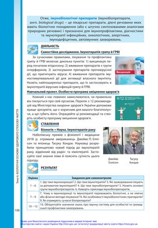 106
Тема
6.
БІОЛОГІЧНІ
ОСНОВИ
ЗДОРОВОГО
СПОСОБУ
ЖИТТЯ Отже, імунобіологічні препарати (імунобіопрепарати,
англ. biological drugs) – це лікарські препарати, діючі речовини яких
мають біологічне походження (або є штучно синтезованими аналогами
природних речовин) і призначені для імунопрофілактики, діагностики
та імунотерапії інфекційних, онкологічних, алергічних,
імунодефіцитних, автоімунних захворювань.
	ДІЯЛЬНІСТЬ
	 Самостійне дослідження. Імунотерапія грипу й ГРВІ
За сучасними правилами, лікування та профілактика
грипу й ГРВІ включає декілька пунктів: 1) вакцинація пе-
ред початком епідсезону; 2) вживання препаратів з групи
інтерферонів; 3) застосування препаратів противірусної
дії, що пригнічують віруси; 4) вживання препаратів іму-
ностимулювальної дії для активації власного імунітету.
Назвіть найпоширеніші препарати, що їх застосовують в
імунотерапії вірусних інфекцій грипу й ГРВІ.
Навчальний проект. Особиста програма зміцнення здоров’я
Кожний з нас повинен замислюватися, чи правильно
він піклується про свій організм. Перелік з 12 рекоменда-
цій від Міністерства охорони здоров’я України допоможе
краще зрозуміти, що є корисним для вашого благополуч-
чя, а що губить його. Опрацюйте ці рекомендації та ство-
ріть особисту програму зміцнення здоров’я.
СТАВЛЕННЯ
Біологія + Наука. Імунотерапія раку
Нобелівську премію з фізіології і медицини
2018 р. отримали американець Джеймс 
П. 
Еллі-
сон та японець Тасуку Хондзе. Науковці розро-
били принципово новий підхід до імунотерапії
раку, відмінний від радіо- та хіміотерапії. Засто-
суйте свої знання теми й поясніть сутність цього
підходу.
	РЕЗУЛЬТАТ
Оцінка Завдання для самоконтролю
1 – 6
1. Що таке імунокорекція? 2. Що таке імунотерапія? 3. Які захворювання лікують
за допомогою імунотерапії? 4. Що таке імунобіопрепарати? 5. Назвіть основні
групи імунобіопрепаратів. 6. Наведіть приклади імунобіопрепаратів.
7 – 9
7. Чому в імунокорекції та імунотерапії переважають біологічні, а не хімічні
або фізичні методи лікування? 8. Які особливості імунобіологічних препаратів?
9. Як отримують сучасні біопрепарати?
10 – 12
10. Обґрунтуйте значення знань про імунну систему для особистої та громад-
ської профілактики захворювань.
Джеймс
Еллісон
Тасуку
Хондзе
Право для безоплатного розміщення підручника в мережі Інтернет має
Міністерство освіти і науки України http://mon.gov.ua/ та Інститут модернізації змісту освіти https://imzo.gov.ua
 