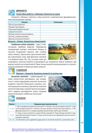 127
	ДІЯЛЬНІСТЬ
	 Самостійна робота з таблицею. Екологія як наука
Заповніть таблицю і поясніть, чому екологія є комплексною, фундаменталь-
ною, міжгалузевою наукою.
Ознака Пояснення
Об’єкти дослідження
Предмет досліджень
Структурні розділи екології
Завдання екології
Методи екологічних досліджень
Зв’язки з іншими науками
Функції (значення) екології
Біологія + Клімат. Екологічна кліматологія
Глобальна зміна клімату – одна з най-
гостріших проблем людства. Підвищення
температури повітря, потепління Океану й
танення льодовиків свідчать про стрімку
зміну клімату, спричинену зростанням вики-
дів парникових газів. Цей феномен виникає
з-за водяної пари, СО2
, СН4
та інших газів, що
затримують сонячну енергію й призводять до нагрівання земної поверхні. Що
вивчає екологічна кліматологія? Яким чином екологія може допомогти у розв’я-
зуванні проблеми глобальної зміни клімату?
СТАВЛЕННЯ
Біологія + Екологія. Космічна екологія й суспільство
Космічна екологія – наймолодший на-
прям екологічних досліджень, що склада-
ється з таких підрозділів: екологія космічних
апаратів, екологія ближнього космосу, еко-
логія дальнього космосу. Що вивчає космічна
екологія? Для яких галузей практичної діяль-
ності людини дослідження цього напряму
екології матимуть найбільше значення?
	РЕЗУЛЬТАТ
Оцінка Завдання для самоконтролю
1 – 6
1. Що є предметом вивчення екології? 2. Назвіть основні розділи екології. 3. Що
таке методи екології? 4. Назвіть основні методи екологічних досліджень. 5. Які
функції екології? 6. З якими науками екологія має найтісніші зв’язки?
7 – 9
7. Чому сучасна екологія є самостійною наукою? 8. Чому методи екології є над-
звичайно різноманітними? 9. Чому сучасна екологія є фундаментальною міжга-
лузевою наукою?
10 – 12 10. Висловіть свої судження щодо ролі та значення екології у сучасному світі.
§
33.
Предмет
вивчення
екології,
її
завдання
та
методи
Право для безоплатного розміщення підручника в мережі Інтернет має
Міністерство освіти і науки України http://mon.gov.ua/ та Інститут модернізації змісту освіти https://imzo.gov.ua
 