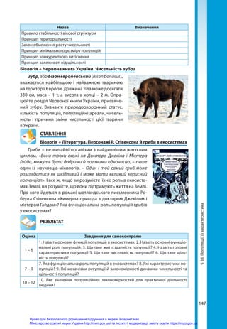147
Назва Визначення
Правило стабільності вікової структури
Принцип територіальності
Закон обмеження росту чисельності
Принцип мінімального розміру популяцій
Принцип конкурентного витіснення
Принцип залежності від щільності
Біологія + Червона книга України. Чисельність зубра
Зубр, або Бізонєвропейський (Bisonbonasus),
вважається найбільшою і найважчою твариною
на території Європи. Довжина тіла може досягати
330 см, маса – 1 т, а висота в холці – 2 м. Опра-
цюйте розділ Червоної книги України, присвяче-
ний зубру. Визначте природоохоронний статус,
кількість популяцій, популяційні ареали, чисель-
ність і причини зміни чисельності цієї тварини
в Україні.
СТАВЛЕННЯ
Біологія + Література. Персонажі Р. Стівенсона й гриби в екосистемах
Гриби – незвичайні організми з найдивнішим життєвим
циклом. «Вони трохи схожі на Доктора Джекіла і Містера
Гайда, можуть бути добрими й поганими одночасно, – пише
один із науковців-мікологів. – Один і той самий гриб може
розглядатися як шкідливий і може мати великий корисний
потенціал». І все ж, якщо ви розумієте їхню роль в екосисте-
мах Землі, ви розумієте, що вони підтримують життя на Землі.
Про кого йдеться в романі шотландського письменника Ро-
берта Стівенсона «Химерна пригода з доктором Джекілом і
містером Гайдом»? Яка функціональна роль популяцій грибів
у екосистемах?
	РЕЗУЛЬТАТ
Оцінка Завдання для самоконтролю
1 – 6
1. Назвіть основні функції популяцій в екосистемах. 2. Назвіть основні функціо­
нальні ролі популяцій. 3. Що таке життєздатність популяції? 4. Назвіть головні
характеристики популяції 5. Що таке чисельність популяції? 6. Що таке щіль-
ність популяції?
7 – 9
7. Яка функціональна роль популяцій в екосистемах? 8. Які характеристики по-
пуляцій? 9. Які механізми регуляції й закономірності динаміки чисельності та
щільності популяцій?
10 – 12
10. Яке значення популяційних закономірностей для практичної діяльності
людини?
§
38.
Популяції,
їх
характеристика
Право для безоплатного розміщення підручника в мережі Інтернет має
Міністерство освіти і науки України http://mon.gov.ua/ та Інститут модернізації змісту освіти https://imzo.gov.ua
 