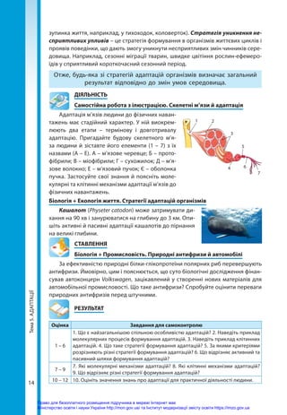 Тема
5.
АДАПТАЦІЇ
14
1 2
3
5
4 6
7
зупинка життя, наприклад, у тихоходок, коловерток). Стратегія уникнення не­
сприятливих упливів – це стратегія формування в організмів життєвих циклів і
проявів поведінки, що дають змогу уникнути несприятливих змін чинників сере-
довища. Наприклад, сезонні міграції тварин, швидке цвітіння рослин-ефемеро­
їдів у сприятливий короткочасний сезонний період.
Отже, будь-яка зі стратегій адаптацій організмів визначає загальний
результат відповідно до змін умов середовища.
	ДІЯЛЬНІСТЬ
	 Самостійна робота з ілюстрацією. Скелетні м’язи й адаптація
Адаптація м’язів людини до фізичних наван-
тажень має стадійний характер. У ній виокрем-
люють два етапи – термінову і довготривалу
адаптацію. Пригадайте будову скелетного м’я-
за людини й зіставте його елементи (1 – 7) з їх
назвами (А – Е). А – м’язове черевце; Б – прото-
фібрили; В – міофібрили; Г – сухожилок; Д – м’я-
зове волокно; Е – м’язовий пучок; Є – оболонка
пучка. Застосуйте свої знання й поясніть моле-
кулярні та клітинні механізми адаптації м’язів до
фізичних навантажень.
Біологія + Екологія життя. Стратегії адаптацій організмів
Кашалот (Physeter catodon) може затримувати ди-
хання на 90 хв і занурюватися на глибину до 3 км. Опи-
шіть активні й пасивні адаптації кашалотів до пірнання
на великі глибини.
СТАВЛЕННЯ
Біологія + Промисловість. Природні антифризи й автомобілі
За ефективністю природні білки-глікопротеїни полярних риб перевершують
анти­
фризи. Ймовірно, цим і пояснюється, що суто біологічні дослідження фінан-
сував автоконцерн Volkswagen, зацікавлений у створенні нових матеріалів для
автомобільної промисловості. Що таке антифризи? Спробуйте оцінити переваги
природних антифризів перед штучними.
	РЕЗУЛЬТАТ
Оцінка Завдання для самоконтролю
1 – 6
1. Що є найзагальнішою спільною особливістю адаптацій? 2. Наведіть приклад
молекулярних процесів формування адаптацій. 3. Наведіть приклад клітинних
адаптацій. 4. Що таке стратегії формування адаптацій? 5. За якими критеріями
розрізняють різні стратегії формування адаптацій? 6. Що відрізняє активний та
пасивний шляхи формування адаптацій?
7 – 9
7. Які молекулярні механізми адаптацій? 8. Які клітинні механізми адаптацій?
9. Що відрізняє різні стратегії формування адаптацій?
10 – 12 10. Оцініть значення знань про адаптації для практичної діяльності людини.
Право для безоплатного розміщення підручника в мережі Інтернет має
Міністерство освіти і науки України http://mon.gov.ua/ та Інститут модернізації змісту освіти https://imzo.gov.ua
 