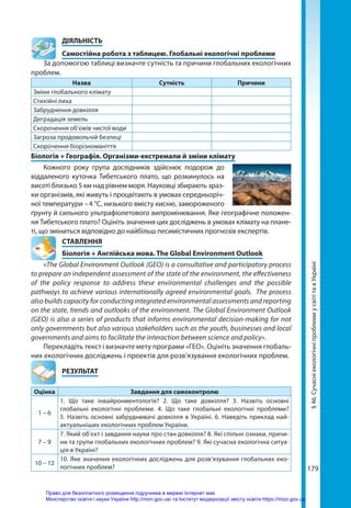 179
§
46.
Сучасні
екологічні
проблеми
у
світі
та
в
Україні
	ДІЯЛЬНІСТЬ
	 Самостійна робота з таблицею. Глобальні екологічні проблеми
За допомогою таблиці визначте сутність та причини глобальних екологічних
проблем.
Назва Сутність Причини
Зміни глобального клімату
Стихійні лиха
Забруднення довкілля
Деградація земель
Скорочення об’ємів чистої води
Загроза продовольчій безпеці
Скорочення біорізноманіття
Біологія + Географія. Організми-екстремали й зміни клімату
Кожного року група дослідників здійснює подорож до
віддаленого куточка Тибетського плато, що розкинулось на
висоті близько 5 км над рівнем моря. Науковці збирають зраз-
ки організмів, які живуть і процвітають в умовах середньоріч-
ної температури – 4 °C, низького вмісту кисню, замороженого
ґрунту й сильного ультрафіолетового випромінювання. Яке гео­
графічне положен-
ня Тибетського плато? Оцініть значення цих досліджень в умовах клімату на плане-
ті, що зміниться відповідно до найбільш песимістичних прогнозів експертів.
СТАВЛЕННЯ
Біологія + Англійська мова. The Global Environment Outlook
«The Global Environment Outlook (GEO) is a consultative and participatory process
to prepare an independent assessment of the state of the environment, the effectiveness
of the policy response to address these environmental challenges and the possible
pathways to achieve various internationally agreed environmental goals.  The process
also builds capacity for conducting integrated environmental assessments and reporting
on the state, trends and outlooks of the environment. The Global Environment Outlook
(GEO) is also a series of products that informs environmental decision-making for not
only governments but also various stakeholders such as the youth, businesses and local
governments and aims to facilitate the interaction between science and policy».
Перекладіть текст і визначте мету програми «ГЕО». Оцініть значення глобаль-
них екологічних досліджень і проектів для розв’язування екологічних проблем.
	РЕЗУЛЬТАТ
Оцінка Завдання для самоконтролю
1 – 6
1. Що таке інвайронментологія? 2. Що таке довкілля? 3. Назвіть основні
глобальні екологічні проблеми. 4. Що таке глобальні екологічні проблеми?
5. На­
звіть основні забруднювачі довкілля в Україні. 6. Наведіть приклад най­
актуальніших екологічних проблем України.
7 – 9
7. Який об’єкт і завдання науки про стан довкілля? 8. Які спільні ознаки, причи-
ни та групи глобальних екологічних проблем? 9. Які сучасна екологічна ситуа-
ція в Україні?
10 – 12
10. Яке значення екологічних досліджень для розв’язування глобальних еко-
логічних проблем?
Право для безоплатного розміщення підручника в мережі Інтернет має
Міністерство освіти і науки України http://mon.gov.ua/ та Інститут модернізації змісту освіти https://imzo.gov.ua
 