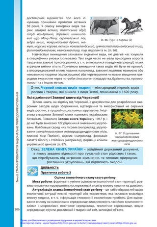 Тема
8.
СТАЛИЙ
РОЗВИТОК
ТА
РАЦІОНАЛЬНЕ
ПРИРОДОКОРИСТУВАННЯ
206
достовірних відомостей про його іс-
нування принаймні протягом останніх
50  років. У списку вимерлих видів тва-
рин: гагарка велика, гігантський одуд,
голуб мандрівний, деревний шиншило-
вий щур Мачу-Пікчу, європейський лев,
зебра квага, маврикійський дронт, ма-
мут, морська корова, пелікан новозеландський, сумчастий тасманійський тигр,
фолк­лендський вовк, яванський тигр, тур, тарпан та ін. (іл. 86).
Найчастіше винищення зазнавали  ендемічні види, які довгий час існували
в специфічних умовах ізольовано. Такі види часто не мали природних ворогів
і втрачали захисні пристосування, у т. ч. змінювалися поведінкові реакції, птахи
втрачали вміння літати. Причиною вимирання таких видів міг бути не прямий,
а опосередкований вплив людини: наприклад, завезені людиною навмисно або
ненавмисно тварини (кішки, пацюки) або перетворення чи повне знищення при-
родних екосистем через потреби сільського господарства, будівництва, промис-
ловості та з іншою метою.
Отже, Чорний список видів тварин – міжнародний перелік видів
рослин і тварин, які зникли з лиця Землі, починаючи з 1600 року.
Які відмінності Зеленої книги від Червоної?
Зелена книга, на відміну від Червоної, є документом для розроблення охо-
ронних заходів щодо збереження, відтворення та використання не окремих
видів рослин, а природних рослинних угруповань. Ініці-
атива створення Зеленої книги належить українським
ботанікам. З’явилася Зелена книга України у 1987 р. і
до неї було занесено 127 рідкісних й зникаючих угрупо-
вань. Найбільше серед них лісових (наприклад, угрупо-
вання звичайнососнових жовторододендронових лісів,
ялинові ліси Полісся), водних (наприклад, формація
латаття білого) і степових (наприклад, формації ковили
української) ценозів (іл. 87).
Отже, ЗЕЛЕНА КНИГА УКРАЇНИ – офіційний державний документ,
в якому зведено відомості про сучасний стан рідкісних і таких,
що перебувають під загрозою зникнення, та типових природних
рослинних угруповань, які підлягають охороні.
	ДІЯЛЬНІСТЬ
	 Практична робота 3
Оцінка екологічного стану свого регіону
Мета роботи: формувати уміння оцінювати екологічний стан території, роз-
вивати навички проведення спостережень й аналізу впливу людини на довкілля.
Актуалізація знань: Екологічний стан регіону – це набір відомостей щодо
екологічної ситуації певної території або екосистеми, яка склалася внаслідок
впливу людини, в т. ч. інформація стосовно її екологічних проблем. Для оціню-
вання впливу на навколишнє середовище виокремлюють такі його компоненти:
клімат і мікроклімат, повітряне середовище, геологічне середовище, водне
середовище, ґрунти, рослинний і тваринний світ, заповідні об’єкти.
Іл. 87. Угруповання
звичайнососнових
жовто­рододендронових
лісів
Іл. 86. Тур (1), тарпан (2)
1 2
Право для безоплатного розміщення підручника в мережі Інтернет має
Міністерство освіти і науки України http://mon.gov.ua/ та Інститут модернізації змісту освіти https://imzo.gov.ua
 