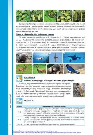 Тема
5.
АДАПТАЦІЇ
20
1 2 3 4 5
Використайте запропоновані ознаки (висота рослин, розташування й спосіб
захисту бруньок, ступінь здерев’яніння осьових пагонів, тривалість життя над-
земних пагонів) і складіть схему комплексу адаптацій, що характеризують дерева
як життєву форму рослин.
Біологія + Екологія. Життєві форми тварин
Зіставте запропоновані ілюстрації тварин (1 
– 
8) із їхніми видовими назва-
ми (А – Ж). Визначте належність запропонованих видів тварин до певної жит-
тєвої форми (за Д. М. Кашкаровим): А – акула сіра рифова; Б – ластівка сільська;
В – кріт європейський; Г – косатка; Д – сарна європейська; Е – стриж чорний;
Є – лань європейська; Ж – сліпак піщаний. Які критерії використали для класифі-
кації? Чим екологічна класифікація відрізняється від філогенетичної?
1
5 6
2 3 4
7 8
СТАВЛЕННЯ
Біологія + Література. Повітряна життєва форма тварин
«Одного разу перелетіла якась звіринка з дерева на дерево.
Зірвалась з високої ялинки і, розчепірившись, мов кажан, пішла
вниз, а потім з розгону вигналась вгору і вчепилась за стовбур
осики…» (І. Багряний. Тигролови). Йдеться про політуху сибір-
ську, або летягу звичайну (Pteromys volans). Яким є сузір'я адап-
тацій (або комплекс адаптацій) для цієї життєвої форми?
	РЕЗУЛЬТАТ
Оцінка Завдання для самоконтролю
1 – 6
1. Що таке життєва форма рослин? 2. Назвіть основні життєві форми рослин.
3. Наведіть приклади видів рослин з подібною життєвою формою. 4. Що таке
життєва форма тварин? 5. Назвіть основні життєві форми тварин. 6. Наведіть
приклади видів тварин, які мають різні життєві форми.
7 – 9
7. Чому класифікації життєвих форм рослин є екологічними? 8. За якими прин-
ципами класифікують життєві форми рослин? 9. За якими ознаками класифіку-
ють життєві форми тварин?
10 – 12 10. Чим екологічна класифікація відрізняється від філогенетичної?
Право для безоплатного розміщення підручника в мережі Інтернет має
Міністерство освіти і науки України http://mon.gov.ua/ та Інститут модернізації змісту освіти https://imzo.gov.ua
 