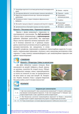 Тема
5.
АДАПТАЦІЇ
26
1	 Алкалоїди картоплі й система детоксикації колорадського
жука
А	 Хижак – жертва
2	 Нектарники флоксів і сисний апарат язикана звичайного Б	 Паразит – хазяїн
3	 Відростки кінцівок м’ясних мух і волоски венериної
мухоловки
В	 Запилювач –
квіткові рослини
4	 Полювання левів і стадна поведінка африканських
буйволів
Г	Симбіоз
5	 Мутаційні процеси вірусів і гуморальний імунітет людини
Д	Комахоїдні
рослини – комахи
6	 Целюлозолітичні бактерії й травна система термітів Е	 Фітофаги – рослини
Біологія + Письмова мова. «Чорнильні горішки»
Однією з форм коеволюції є відносини га-
лоутворювачів з рослинами. Так, дуб звичайний
(Quercus robur) коеволюціонує з горіхотворкою
дубовою (Diplolepis quercusfolii), яка відкладає
яйця в листки. Крихітна личинка проколює лист-
ки й починає смоктати сік. У ділянках пошко-
джень накопичується велика кількість дубильних
речовин-галотанінів, які, змішуючись із сіллю
ферум(ІІ) сульфатом, спричиняють утворення горіхоподібних виростів. Їх нази-
вають «чорнильними горішками», оскільки з них у минулому виготовляли стійкі
чорнила. У чому полягає взаємонеобхідність цих коеволюційних відносин між
дубом і горіхотворками?
СТАВЛЕННЯ
Біологія + Література. Сойка та екосистеми
«До дуба підлетіла чимала пташка. Вона
накинулася на жолуді. Набрала у дзьоб, змахну-
ла крилами, полетіла до старої ялини. Підозрі-
ло обдивилася навкруг, певно, пересвідчувалася,
чи ніхто не стежить за нею, не придив­
ляється,
де вона ховає на зиму свої жолуді» (В. Титарен-
ко). Назвіть лісового птаха з родини Воронові.
Яка роль сойок у житті лісових екосистем?
	РЕЗУЛЬТАТ
Оцінка Завдання для самоконтролю
1 – 6
1. Що таке коеволюція? 2. Що є результатом коеволюції? 3. Назвіть найпошире-
ніші форми коеволюційних відносин. 4. Що таке коадаптація? 5. Наведіть при-
клади коадаптацій. 6. Що є рушійною силою коадаптацій?
7 – 9
7. Яке біологічне значення коеволюційних відносин? 8. Якими є механізми
ко­
адаптацій? 9. Дайте характеристику однієї з коадаптацій організмів.
10 – 12 10. Чому коеволюція є основою функціонування стабільних екосистем?
Право для безоплатного розміщення підручника в мережі Інтернет має
Міністерство освіти і науки України http://mon.gov.ua/ та Інститут модернізації змісту освіти https://imzo.gov.ua
 