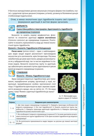 33
У багатьох малорухливих донних мешканців сплощена форма тіла (камбала, ска-
ти), є додаткові органи дихання (покриви у в’юнів), розвинута біолюмінесценція
(глибоководні вудильники).
Отже, в межах екологічних груп гідробіонтів існують свої стратегії
формування адаптацій й життєві форми організмів.
	ДІЯЛЬНІСТЬ
	 Самостійна робота з ілюстрацією. Адаптованість гідробіонтів
	 до середовища існування
Визначте та назвіть окремі морфологічні, фізіо-
логічні та етологічні адаптації карася звичайного
(Carassius carassius) до середовища існування. Розпіз-
найте та вкажіть приналежність виду до певної еколо-
гічної групи гідробіонтів.
Біологія + Екологія. Гідробіонти й біоіндикація
Ряска мала (Lemna minor) – один з найпоширені-
ших видів вищої водної рослинності прісноводних
екосистем усіх континентів, крім Антарктиди. Рослина
невибаглива до умов зростання, швидко розмножуєть-
ся як у забрудненій воді, так і в чистих водоймах із сто-
ячою водою. Визначте екологічну групу та адаптації,
що забезпечують високий ступінь адаптованості ряски
малої до водного середовища існування.
СТАВЛЕННЯ
Біологія + Фізика. Гідробіонти й звук
Звуки використовуються гідробіонтами для полю-
вання, передбачення шторму, організації у зграї, ко-
мунікації, приваблювання особин протилежної статі
тощо. У гідробіонтів орієнтація на звук і звукове сприй-
няття розвинута краще, ніж на світло (іл. 17). На вашу
думку, чому? Якими є адаптації гідробіонтів до звуку?
	РЕЗУЛЬТАТ
Оцінка Завдання для самоконтролю
1 – 6
1. Що таке водне середовище існування? 2. Наведіть приклади особливостей
водного середовища. 3. Хто такі гідробіонти? 4. Назвіть екологічні групи гід-
робіонтів. 5. Наведіть приклади адаптацій гідробіонтів. 6. Наведіть приклади
гідробіонтів різних екологічних груп.
7 – 9
7. Які особливості водного середовища існування? 8. За яким критерієм розріз-
няють екологічні групи гідробіонтів? 9. Як пристосовані гідробіонти до водного
середовища?
10 – 12
10. Як розпізнати приналежність видів тварин чи рослин до певної життєвої
форми?
Іл. 17. Фотографія руху
звуків в рідині (Л. Гледхіл)
§
9.
Водне
середовище
існування
Право для безоплатного розміщення підручника в мережі Інтернет має
Міністерство освіти і науки України http://mon.gov.ua/ та Інститут модернізації змісту освіти https://imzo.gov.ua
 