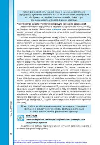 Тема
5.
АДАПТАЦІЇ
36
Отже, різноманітність умов існування наземно-повітряного
середовища зумовлює наявність багатьох екологічних класифікацій,
що відображають подібність представників різних груп,
для яких характерні подібні шляхи адаптації.
Чому повітря є екологічним чинником для наземних організмів?
Наземно-повітряне середовище є набагато складнішим для життя, ніж вод-
не. Живі організми постійно оточені повітрям, що є газуватим середовищем з
малою густиною, високим вмістом азоту, кисню, малою кількістю вуглекислого
газу та водяної пари.
Мала густина повітря зумовлює низьку опірність щодо переміщення, тому
велика кількість видів наземних тварин (близько 75 %) у ході еволюції набула
здатності літати. Це комахи, птахи, літаючі амфібії, рептилії, ссавці. Адаптаціями
до польоту є крила, розвинуті «літальні» м'язи, полегшена маса тіла. Спеціаль-
ними пристосуваннями до пасивного польоту є збільшення площі тіла або ча-
стин тіла (вирости, велика відносна поверхня крил, використання павутини).
У багатьох видів розвинута анемохорія – розселення за допомогою повітряних
течій. Анемохорія характерна для спор, насіння, плодів, цист найпростіших,
дрібних комах, павуків. Через незначну силу опору повітря усі мешканці пові-
тряного середовища пов’язані з поверхнею землі, яка слугує їм для закріплення
у ґрунті, відпочинку, розмноження. Ця властивість повітря зумовлює наявність
у мешканців такої адаптації, як опорні структури. Так, у вищих рослин є меха-
нічні тканини, у комах – хітиновий екзоскелет, у птахів – кістковий ендоскелет.
Високий вміст кисню в повітрі сприяв підвищенню ефективності обміну ре-
човин, і саме тому виникли гомойотермні організми, якими є птахи й ссавці.
У цих організмів розвинуті фізіологічні механізми швидкої доставки кисню до
клітин і біохімічні реакції його використання. Вміст вуглекислого газу в пові-
трі може змінюватися у досить значних межах. Через те в аеро­
біонтів наяв-
ні адаптації для регуляції надходження СО2
в організм або його видалення з
організму. Так, для надходження вуглекислого газу ґрунтового походження в
багатьох видів рослин продихи розташовані тільки на нижній поверхні лист-
ків або ж їх там набагато більше, ніж на верхній. Високий вміст азоту в пові-
трі сприяв формуванню у прокаріотів (ціанобактерій, бульбочкових бактерій)
здатності до азотофіксації, завдяки чому відбувається біологічний кругообіг
Нітрогену.
Отже, повітря як абіотичний компонент наземного середовища
існування є екологічним чинником, оскільки в організмів
на його впливи існують різноманітні адаптації.
	ДІЯЛЬНІСТЬ
	 Самостійна робота з таблицею. Порівняльна характеристика
	 середовищ існування
За допомогою таблиці порівняйте умови існування організмів водного й
наземно-повітряного середовищ.
Право для безоплатного розміщення підручника в мережі Інтернет має
Міністерство освіти і науки України http://mon.gov.ua/ та Інститут модернізації змісту освіти https://imzo.gov.ua
 