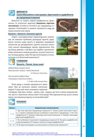 45
	ДІЯЛЬНІСТЬ
	 Самостійна робота з ілюстрацією. Адаптованість едафобіонтів
	 до середовища існування
Визначте та назвіть окремі морфологічні, фізіо-
логічні та етологічні адаптації дощового черв’яка
звичайного (Lumbricus terrestris) до середовища іс-
нування. Розпізнайте та вкажіть належність виду до
певної екологічної групи.
Біологія + Екологія. Значення ґрунтів
Згідно з дослідженнями нідерландських науков-
ців, які вивчали проблему деградації ґрунтів, дода-
вання тонкого шару ґрунту зі здорових природних
екосистем до деградованих ґрунтів штучних екоси­
стем значно пришвидшує процес відновлення. Але
ще більш дивним є той факт, що подібне «щеплення»
може визначити напрям розвитку штучної екосисте-
ми. На вашу думку, чому? Як ґрунти впливають на еко-
системи та їх біотичний компонент?
СТАВЛЕННЯ
Біологія + Поезія. Запах землі
Звідкіля дощу з’явився запах
Такий густий і свіжий, і такий близький!
О. Радченко. Літній дощ
Там ласкаві випадуть дощі
І пахощами сповниться земля…
С. Тісдейл. Буде ласкавий дощ
Після дощу в повітрі відчувається запах
землі. Про це написано чимало поетичних
рядків. У науці цей запах називають терміном
«петрікор» (від грец. петра – камінь, іхор – рідина, що тече в жилах грецьких бо-
гів). Що ж є причиною запаху землі після дощу? Яке відношення до цього запаху
мають такі мешканці ґрунту, як актинобактерії?
	РЕЗУЛЬТАТ
Оцінка Завдання для самоконтролю
1 – 6
1. Що таке ґрунтове середовище існування? 2. Назвіть деякі властивості ґрун-
ту. 3. Назвіть найхарактерніші особливості ґрунтового середовища. 4. Хто такі
едафобіонти? 5. Наведіть приклади ґрунтових мешканців. 6. Наведіть приклади
адаптацій едафобіонтів.
7 – 9
7. Які особливості ґрунтового середовища існування? 8. Яка роль едафобіонтів
у ґрунтоутворенні? 9. Якими є екологічні групи едафобіонтів?
10 – 12 10. Як ґрунти впливають на екосистеми та їх біотичний компонент?
СH3
СH3
OH
§
12.
Ґрунтове
середовище
існування
Право для безоплатного розміщення підручника в мережі Інтернет має
Міністерство освіти і науки України http://mon.gov.ua/ та Інститут модернізації змісту освіти https://imzo.gov.ua
 