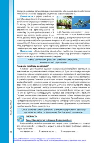 Тема
5.
АДАПТАЦІЇ
48
рослин з комахами-запилювачами, взаємозв’язок між саламандрою амбістомою
плямистою і зеленою водорістю яйцелюбою амбістомовою та ін.
Коменсалізм – форма симбіозу, за
якої один із симбіонтів отримує користь
від сумісного існування, не завдаючи шко-
ди іншому. Ця форма симбіозу об’єднує
взаємодії, під час яких коменсал може
отримувати від організму-хазяїна не
тільки їжу (акули й рибки-лоцмани), а й
захист від ворогів (риби-клоуни й ак-
тинії), домівку (птахи-дуплогніздники й старі дерева), використовувати його як
транспортний засіб (риби-прилипали й черепахи) або опору (епіфітні папороті й
дерева) (іл. 26). Коменсалізм може проявлятися у формах квартиранства (напри-
клад, відкладання гірчаком ікри в черепашку беззубки річкової) або нахлібни-
цтва (наприклад, жуки, які живуть у мурашнику і виманюють їжу в мурашок) та ін.
Паразитизм – форма симбіозу, за якої один з симбіонтів отримує користь
від сумісного існування і завдає шкоди іншому. Наприклад, фітофтора на картоплі,
людська аскарида в тонкому кишечнику людини.
Отже, основними формами симбіозу є мутуалізм,
коменсалізм і паразитизм.
Яка роль симбіозу в еволюції?
Симбіоз – це не лише тип відносин між організмами і стратегія адаптацій, а й
важливий магістральний шлях біологічної еволюції. Тривале співіснування про-
стих клітин або організмів привело до виникнення складніших й адаптованіших
біосистем. Так, завдяки ендосимбіозу первісних клітин з аеробними бактеріями
й ціанобактеріями з’явилися еукаріотичні клітини. Завдяки первинному симбіо­
зу ціанобактерій з еукаріотичними клітинами виникли глаукофітові й червоні во-
дорості та зелені рослини, яких об’єднують у сучасній системі еукаріотів у групу
Архепластиди. Вторинний симбіоз еукаріотичних клітин з одноклітинними зе-
леними вооростями привів до виникнення евгленозой. Вихід рослин на суходіл
не зміг би відбутися, як стверджують науковці, без симбіозу рослин з грибами.
Стрімке завоювання квітковими рослинами планети та їхнє надзвичайне роз­
маїття значною мірою зумовлено симбіозом з комахами. Приваблюючи комах
нектаром і використовуючи їх як запилювачів, квіткові рослини різко збільшили
ефективність запилення, а кооперація з квітковими сформувала в процесі коево-
люції метеликів, бджіл, джмелів і т. д.
Отже, симбіоз є магістральним шляхом прогресивної еволюції
органічного світу та збільшення біорізноманіття планети.
	ДІЯЛЬНІСТЬ
	 Самостійна робота з таблицею. Форми симбіозу
Використайте умовні позначення («+» – користь для організмів, «−» – шкода
для організмів; «0» – ні користі, ні шкоди) та визначте форму симбіозу в названих
парах організмів:
А – мутуалізм: … 	 Б – коменсалізм: …	 В – паразитизм: …
Іл. 26. Приклади коменсалізму: 1 – папо-
роті й дерева; 2 – акули й риби-лоцмани
1 2
Право для безоплатного розміщення підручника в мережі Інтернет має
Міністерство освіти і науки України http://mon.gov.ua/ та Інститут модернізації змісту освіти https://imzo.gov.ua
 