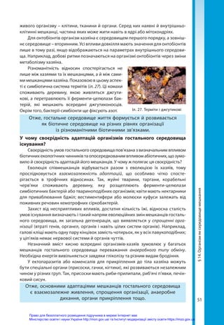51
живого організму – клітини, тканини й органи. Серед них наявні й внутрішньо-
клітинні мешканці, частина яких може жити навіть в ядрі або мітохондріях.
Для онтобіонтів організм хазяїна є середовищем першого порядку, а зовніш-
нє середовище – вторинним. Усі впливи довкілля мають значення для онто­біонтів
лише в тому разі, якщо відображаються на параметрах внутрішнього середови-
ща. Наприклад, добові ритми позначаються на організмі онтобіонтів через зміни
метаболізму хазяїна.
Різноманітність відносин спостерігається не
лише між хазяями та їх мешканцями, а й між сами-
ми мешканцями хазяїна. Показовою в цьому аспек-
ті є симбіотична система термітів (іл. 27). Ці комахи
споживають деревину, якою живляться джгути-
кові, а перетравлюють її ферменти-целюлази бак-
терій, які мешкають всередині джгутиконосців.
Окрім того, бактерії-симбіонти ще фіксують азот.
Отже, гостальне середовище життя формується й розвивається
як біотичне середовище на різних рівнях організації
із різноманітними біотичними зв’язками.
У чому своєрідність адаптацій організмів гостального середовища
існування?
Своєрідність умов гостального середовища пов’язана з визначальним впливом
біотичних екологічних чинників та опосередкованим впливом абіотичних, що зумо­
вило й своєрідність адаптацій його мешканців. У чому ж полягає ця своєрідність?
Еволюція співмешканців відбувається разом з еволюцією їх хазяїв, тому
прослідковується взаємозалежність адаптацій, що особливо чітко спосте-
рігається в трофічних відносинах. Так, жуйні тварини, таргани, корабельні
черв’яки споживають деревину, яку розщеплюють ферменти-целюлази
симбіотичних бактерій або твариноподібних організмів; квіти мають нектарники
для приваблювання бджіл; вестиментифери або молюски куфуси залежать від
поживних речовин хемотрофних сіркобактерій.
Захист від несприятливих впливів, достатня кількість їжі, відносна сталість
умов існування визначають і такий напрям еволюційних змін мешканців госталь-
ного середовища, як загальна дегенерація, що виявляється у спрощенні орга-
нізації (втраті генів, органел, органів і навіть цілих систем органів). Наприклад,
галові кліщі мають одну пару кінцівок замість чотирьох, як у всіх павукоподібних;
у ціп’яків немає нервової системи й органів чуттів.
Незначний вміст кисню всередині організмів-хазяїв зумовлює у багатьох
мешканців гостального середовища переважання анаеробного типу обміну.
Необхідна енергія вивільняється завдяки гліколізу та різним видам бродіння.
У ектопаразитів або коменсалів для прикріплення до тіла хазяїна можуть
бути спеціальні органи (присоски, гачки, кігтики), які розвиваються незалежним
чином у різних груп. Так, присоски мають риби-прилипали, риб’ячі п’явки, печін-
ковий сисун.
Отже, основними адаптаціями мешканців гостального середовища
є взаємозалежне живлення, спрощення організації, анаеробне
дихання, органи прикріплення тощо.
§
14.
Організм
як
середовище
мешкання
Іл. 27. Терміти і джгутикові
Право для безоплатного розміщення підручника в мережі Інтернет має
Міністерство освіти і науки України http://mon.gov.ua/ та Інститут модернізації змісту освіти https://imzo.gov.ua
 