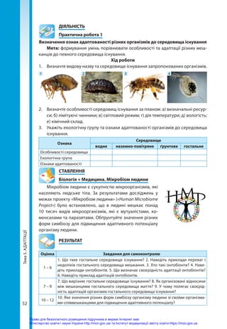 Тема
5.
АДАПТАЦІЇ
52
	ДІЯЛЬНІСТЬ
	 Практична робота 1
Визначення ознак адаптованості різних організмів до середовища існування
Мета: формування умінь порівнювати особливості та адаптації різних меш-
канців до певного середовища існування.
Хід роботи
1. 	 Визначте видову назву та середовище існування запропонованих організмів.
1 2 3 4
2. 	 Визначте особливості середовищ існування за планом: а) визначальні ресур-
си; б) лімітуючі чинники; в) світловий режим; г) дія температури; д) вологість;
е) хімічний склад.
3. 	 Укажіть екологічну групу та ознаки адаптованості організмів до середовища
існування.
Ознака
Середовище
водне наземно-повітряне ґрунтове гостальне
Особливості середовища
Екологічна група
Ознаки адаптованості
СТАВЛЕННЯ
Біологія + Медицина. Мікробіом людини
Мікробіом людини є сукупністю мікроорганізмів, які
населяють людське тіла. За результатами досліджень у
межах проекту «Мікробіом людини» («Human Microbiome
Project») було встановлено, що в людині мешкає понад
10  тисяч видів мікроорганізмів, які є мутуалістами, ко-
менсалами та паразитами. Обґрунтуйте значення різних
форм симбіозу для підвищення адаптивного потенціалу
організму людини.
	РЕЗУЛЬТАТ
Оцінка Завдання для самоконтролю
1 – 6
1. Що таке гостальне середовище існування? 2. Наведіть приклади переваг і
недоліків гостального середовища мешкання. 3. Хто такі онтобіонти? 4. Наве-
діть приклади онтобіонтів. 5. Що визначає своєрідність адаптації онтобіонтів?
6. Наведіть приклад адаптацій онтобіонтів.
7 – 9
7. Що вирізняє гостальне середовище існування? 8. Як організовані відносини
між мешканцями гостального середовища життя? 9. У чому полягає своєрід-
ність адаптацій організмів гостального середовища існування?
10 – 12
10. Яке значення різних форм симбіозу організму людини зі своїми організма-
ми-співмешканцями для підвищення адаптивного потенціалу?
Право для безоплатного розміщення підручника в мережі Інтернет має
Міністерство освіти і науки України http://mon.gov.ua/ та Інститут модернізації змісту освіти https://imzo.gov.ua
 