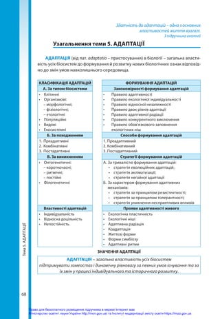 Тема
5.
АДАПТАЦІЇ
68
Здатність до адаптацій – одна з основних
властивостей життя взагалі.
З підручника екології
	 Узагальнення теми 5. АДАПТАЦІЇ
АДАПТАЦІЯ (від лат. adaptatio – пристосування) в біології – загальна власти-
вість усіх біосистем до формування й розвитку нових біологічних ознак відповід-
но до змін умов навколишнього середовища.
КЛАСИФІКАЦІЯ АДАПТАЦІЙ ФОРМУВАННЯ АДАПТАЦІЙ
А. За типом біосистеми Закономірності формування адаптацій
•	 Клітинні
•	 Організмові:
	 – морфологічні;
	 – фізіологічні;
	 – етологічні
•	 Популяційні
•	 Видові
•	 Екосистемні
•	 Правило адаптивності
•	 Правило екологічної індивідуальності
•	 Правило відносної незалежності
•	 Правило двох рівнів адаптації
•	 Правило адаптивної радіації
•	 Правило конкурентного виключення
•	 Правило обов’язкового заповнення
екологічних ніш
Б. За походженням Способи формування адаптацій
1.	Преадаптивні
2.	Комбінативні
3.	Постадаптивні
1. Преадаптивний
2. Комбінативний
3. Постадаптивний
В. За виникненням Стратегії формування адаптацій
•	 Онтогенетичні:
	 – короткочасні;
	 – ритмічні;
	 – постійні
•	 Філогенетичні
А.	За тривалістю формування адаптацій:
•	 стратегія еволюційних адаптацій;
•	 стратегія акліматизації;
•	 стратегія негайної адаптації
Б.	За характером формування адаптивних
механізмів:
•	 стратегія за принципом резистентності;
•	 стратегія за принципом толерантності;
•	 стратегія уникнення несприятливих впливів
Властивості адаптацій Прояви адаптивності живого
•	 Індивідуальність
•	 Відносна доцільність
•	 Непостійність
•	 Екологічна пластичність
•	 Екологічні ніші
•	 Адаптивна радіація
•	 Коадаптація
•	 Життєві форми
•	 Форми симбіозу
•	 Адаптивні ритми
ЗНАЧЕННЯ АДАПТАЦІЇ
АДАПТАЦІЯ – загальна властивість усіх біосистем
підтримувати гомеостаз і динамічну рівновагу за певних умов існування та за
їх змін у процесі індивідуального та історичного розвитку.
Право для безоплатного розміщення підручника в мережі Інтернет має
Міністерство освіти і науки України http://mon.gov.ua/ та Інститут модернізації змісту освіти https://imzo.gov.ua
 