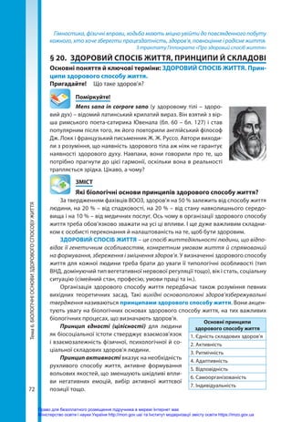 72
Тема
6.
БІОЛОГІЧНІ
ОСНОВИ
ЗДОРОВОГО
СПОСОБУ
ЖИТТЯ Гімнастика, фізичні вправи, ходьба мають міцно увійти до повсякденного побуту
кожного, хто хоче зберегти працездатність, здоров’я, повноцінне і радісне життя.
З трактату Гіппократа «Про здоровий спосіб життя»
§ 20.	 ЗДОРОВИЙ СПОСІБ ЖИТТЯ, ПРИНЦИПИ Й СКЛАДОВІ
Основні поняття й ключові терміни: ЗДОРОВИЙ СПОСІБ ЖИТТЯ. Прин-
ципи здорового способу життя.
Пригадайте! 	 Що таке здоров’я?
	Поміркуйте!
Mens sana in corpore sano (у здоровому тілі – здоро-
вий дух) – відомий латинський крилатий вираз. Він взятий з вір-
ша римського поета-сатирика Ювенала (бл. 60 – бл. 127) і став
популярним після того, як його повторили англійський філософ
Дж. Локк і французький письменник Ж. Ж. Руссо. Автори виходи-
ли з розуміння, що наявність здорового тіла аж ніяк не гарантує
наявності здорового духу. Навпаки, вони говорили про те, що
потрібно прагнути до цієї гармонії, оскільки вона в реальності
трапляється зрідка. Цікаво, а чому?
	ЗМІСТ
	 Які біологічні основи принципів здорового способу життя?
За твердженням фахівців ВООЗ, здоров’я на 50 % залежить від способу життя
людини, на 20 % – від спадковості, на 20 % – від стану навколишнього середо-
вища і на 10 % – від медичних послуг. Ось чому в організації здорового способу
життя треба обов’язково зважати на усі ці впливи. І ще дуже важливим складни-
ком є особисті переконання й налаштованість на те, щоб бути здоровим.
ЗДОРОВИЙ СПОСІБ ЖИТТЯ – це спосіб життєдіяльності людини, що відпо-
відає її генетичним особливостям, конкретним умовам життя й спрямований
на формування, збереження і зміцнення здоров’я. У визначенні здорового способу
життя для кожної людини треба брати до уваги її типологічні особливості (тип
ВНД, домінуючий тип вегетативної нервової регуляції тощо), вік і стать, соціальну
ситуацію (сімейний стан, професію, умови праці та ін.).
Організація здорового способу життя передбачає також розуміння певних
вихідних теоретичних засад. Такі вихідні основоположні здоров’язбережувальні
твердження називаються принципами здорового способу життя. Вони акцен-
тують увагу на біологічних основах здорового способу життя, на тих важливих
біологічних процесах, що визначають здоров’я.
Принцип єдності (цілісності) для людини
як біосоціальної істоти стверджує взаємозв’язок
і взаємозалежність фізичної, психологічної й со-
ціальної складових здоров’я людини.
Принцип активності вказує на необхідність
рухливого способу життя, активне формування
вольових якостей, що зменшують шкідливі впли-
ви негативних емоцій, вибір активної життєвої
позиції тощо.
Основні принципи
здорового способу життя
1. Єдність складових здоров’я
2. Активність
3. Ритмічність
4. Адаптивність
5. Відповідність
6. Самоорганізованість
7. Індивідуальність
Право для безоплатного розміщення підручника в мережі Інтернет має
Міністерство освіти і науки України http://mon.gov.ua/ та Інститут модернізації змісту освіти https://imzo.gov.ua
 