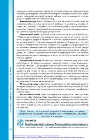 82
Тема
6.
БІОЛОГІЧНІ
ОСНОВИ
ЗДОРОВОГО
СПОСОБУ
ЖИТТЯ клітинному й молекулярному рівнях. За ступенем впливу на організм людини
належить до четвертого класу небезпечних речовин (разом з амоніаком, нафта-
ліном, скипидаром, ацетоном), що за відповідних умов спричиняють гостре по-
рушення здоров’я або загибель організму.
Токсичний вплив. Етанол належить до групи загальнотоксичних отрут, що
виявляє різнобічний вплив на всі органи, особливо на центральну нервову си-
стему (ЦНС), печінку та серцевий м’яз. Етанол та оцтовий альдегід спричиняють
алкогольні ураження підшлункової залози, нирок, легень, системи кровотворен-
ня, сприяють розвитку ферумодефіцитної анемії.
Наркотичний вплив. Всесвітня організація охорони здоров’я (ВООЗ) ще у
1975 р. спеціальним рішенням затвердила висновок про те, що етанол – це нар-
котик, що руйнує здоров’я населення. Алкоголь є психоактивною речовиною,
що впливає на ЦНС і спричиняє звикання й залежність. Приємні відчуття після
вживання алкоголю пояснюються виробленням ендорфінів (нейромодулятори,
що впливають на емоційний стан), дофаміну (нейромедіатор, що активує центри
задоволення) та гамма-аміномасляної кислоти (основний гальмівний нейроме-
діатор ЦНС) у мозку. За регулярного вживання природний синтез цих речовин
й внутрішнього етанолу пригнічується, через це потреба організму в алкоголі
постійно зростає.
Канцерогенний вплив. Міжнародна агенція з вивчення раку (англ. Inter­
national Agency for Research on Cancer ) віднесла етанол у складі алкогольних
напоїв до категорії 1. До цієї групи належать речовини, щодо яких існують до-
стовірні відомості про канцерогенність дії на організм людини. Потужну кан-
церогенну дію чинить не тільки основний компонент спиртного етанол, а й
ацетальдегід – продукт, що утворюється внаслідок його метаболічного розще-
плення. Етанол й ацетальдегід збільшують ризик розвитку рака травного каналу,
підшлункової залози, печінки. У жінок ацетальдегід чинить канцерогенну дію на
органи статевої системи й молочні залози.
Мутагенний вплив характерний не для етанолу, а для ацетальдегіду. Його
молекули приєднуються до ДНК, порушуючи таким чином транскрипцію генів.
Дослідження виявили, що вплив алкоголю ушкоджує хромосоми у стовбурових
клітинах крові.
Тератогенний вплив. Алкоголь вважається тератогеном тому, що може
спричиняти вади розвитку плоду, пошкоджувати ембріони і впливати на його
генетичний матеріал. У важких випадках сприяє розвитку фетального алкоголь-
ного синдрому (англ. Fetal Alcohol Syndrome, FAS), що характеризується аномалі-
ями обличчя, відставанням у розвитку, вадами серця, сечовидільної й статевої
систем тощо.
Отже, етанол – це органічна речовина зі шкідливим токсичним,
наркотичним, канцерогенним, мутагенним й тератогенним впливом
на здоров’я людини.
	ДІЯЛЬНІСТЬ
	 Самостійна робота з таблицею. Алкоголь та міфи про його користь
Застосуйте знання й спростуйте найпоширеніші міфи про користь алкоголю.
Право для безоплатного розміщення підручника в мережі Інтернет має
Міністерство освіти і науки України http://mon.gov.ua/ та Інститут модернізації змісту освіти https://imzo.gov.ua
 