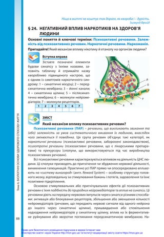 88
Тема
6.
БІОЛОГІЧНІ
ОСНОВИ
ЗДОРОВОГО
СПОСОБУ
ЖИТТЯ Ніщо в житті не коштує так дорого, як хвороба і – дурість.
Зигмунд Фройд
§ 24.	 НЕГАТИВНИЙ ВПЛИВ НАРКОТИКІВ НА ЗДОРОВ’Я
ЛЮДИНИ
Основні поняття й ключові терміни: Психоактивні речовини. Залеж-
ність від психоактивних речовин. Наркотичні речовини. Наркоманія.
Пригадайте! Який механізм впливу нікотину й етанолу на організм людини?
	 Вступна вправа
Зіставте позначені елементи
будови синапсу з їхніми назвами, за-
повніть табличку й отримайте назву
хворобливо підвищеного настрою, що
є одним із симптомів наркотичного син-
дрому: 1 – синаптичні міхурці; 2 – перед-
синаптична мембрана; 3 – йонні канали;
4 – синаптична щілина; 5 – післясинап-
тична мембрана; 6 – молекули нейроме-
діаторів; 7 – молеку­
ли рецепторів.
1 2 3 4 5 6 7
	ЗМІСТ
	 Який механізм впливу психоактивних речовин?
Психоактивні речовини (ПАР) – речовини, що викликають звикання та
(або) залежність за умов систематичного вживання їх людиною, внаслідок
чого змінюється її поведінка. Ця група речовин об’єднує такі категорії, як
наркотичні речовини (психоактивні речовини, заборонені законодавством),
психотропні речовини (психоактивні речовини, що є лікарськими препара-
тами) та прекурсори (сполуки, що використовуються під час виробництва
психоактивних речовин).
Всі психоактивні речовини характеризуються впливом на діяльність ЦНС лю-
дини. Ці сполуки призводять до пригнічення чи збудження нервової діяльності,
виникнення галюцинацій. Практично усі ПАР прямо чи опосередковано вплива-
ють на «систему винагород» (англ. Reward System) – особливу структуру голов-
ного мозку, відповідальну за стимулювання бажань і потягів, задоволення та їхнє
позитивне підкріплення.
Основою стимулювальних або пригнічувальних ефектів дії психоактивних
речовин є їхня подібність до природних нейромедіаторів та вплив на синапси. Ці
речовини діють на передачу нервових імпульсів через синапси різними способа-
ми: активація або блокування рецепторів, збільшення або зменшення кількості
нейромедіаторів (речовин, що передають нервові сигнали від одного нейрона
до іншого через синаптичні щілини), пришвидшення або сповільнення
надходження нейромедіаторів у синаптичну щілину, вплив на їх ферментатив-
не руйнування або зворотне поглинання передсинаптичною мембраною. На-
Е
Й
О
Р
Ф
Я
І
Право для безоплатного розміщення підручника в мережі Інтернет має
Міністерство освіти і науки України http://mon.gov.ua/ та Інститут модернізації змісту освіти https://imzo.gov.ua
 