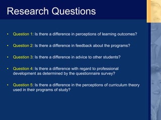 Research Questions
• Question 1: Is there a difference in perceptions of learning outcomes?
• Question 2: Is there a difference in feedback about the programs?
• Question 3: Is there a difference in advice to other students?
• Question 4: Is there a difference with regard to professional
development as determined by the questionnaire survey?
• Question 5: Is there a difference in the perceptions of curriculum theory
used in their programs of study?
 