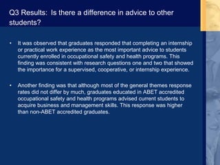 Q3 Results: Is there a difference in advice to other
students?
• It was observed that graduates responded that completing an internship
or practical work experience as the most important advice to students
currently enrolled in occupational safety and health programs. This
finding was consistent with research questions one and two that showed
the importance for a supervised, cooperative, or internship experience.
• Another finding was that although most of the general themes response
rates did not differ by much, graduates educated in ABET accredited
occupational safety and health programs advised current students to
acquire business and management skills. This response was higher
than non-ABET accredited graduates.
 