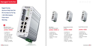 Rugged Housing
Aluminum Body Heat Sink
IP31 No Holes On The Top
1.5KV HiPot Isolation
FailureAlarm
Watchdog
IEC61850-3 8-port
Ethernet Switch /w fiber
JetNet 4508if
• 10/100 RJ45 x 6
• 100 SC fiber x 2
[-s] single-mode 30km
[-m] multi-mode 2km
• Multiple Super Ring
• Precise traffic isolation
• L2 security
• Modbus/TCP managed
• -10~70oC / [w] -40~75oC
19 Beijer Electronics www.korenix.com 20
IEC61850-3
8-port Ethernet Switch
JetNet 4508i-w
• 10/100 RJ45 x 8
• Multiple Super Ring
• Precise traffic isolation
• L2 security
• Modbus/TCP managed
• -40~75oC
Managed Switches
Hot
8-port Ethernet Switch
JetNet 4508
• 10/100 RJ45 x 8
• Multiple Super Ring
• Precise traffic isolation
• L2 security
• Modbus/TCP managed
• -40~75oC
8-port Ethernet Switch
/w fiber
JetNet 4508f
• 10/100 RJ45 x 6
• 100 SC fiber x 2
[-s] single-mode 30km
[-m] multi-mode 2km
• Multiple Super Ring
• Precise traffic isolation
• L2 security
• Modbus/TCP managed
• -10~70oC / [w] -40~75oC
 