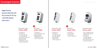 23 Beijer Electronics
8-port Switch
JetNet 3008
• 10/100 RJ45 x 8
• Port and power failure alarm
• QoS packet priority
• Broadcast filtering
• C1D2, EN50121-4, e Mark
• -25~70oC / [w]-40~75oC
8-port Switch /w fiber
JetNet 3008f
• 10/100 RJ45 x 6
• 100 SC fiber x 2
[-s] single-mode 30km
[-m] multi-mode 2km
• Port and power failure alarm
• QoS packet priority
• Broadcast filtering
• C1D2, EN50121-4, e Mark
• -10~70oC / [w]-40~75oC
Rugged Housing
Aluminum Body Heat Sink
IP31 No Holes On The Top
1.5KV HiPot Isolation
FailureAlarm
www.korenix.com 24
5-port Switch /w fiber
JetNet 2005f
• 10/100 RJ45 x 4
• 100 SC fiber x 1
[-s] single-mode 30km
[-m] multi-mode 2km
• Port failure alarm
• C1D2 certificate
• -10~70oC / [w]-40~75oC
4-port Switch /w fiber
JetCon 2302
• 4-port unmanaged switch or
2-channel media converter
• 10/100 RJ45 x 2
• 100 SC fiber x 2
[-s] single-mode 30km
[-m] multi-mode 2km
• Port and power failure alarm
• -25~70oC / [w]-40~75oC
5-port Switch
JetNet 2005
• 10/100 RJ45 x 5
• Port failure alarm
• C1D2 certificate
• -25~70oC / [w]-40~75oC
Unmanaged Switches
HotHot
 