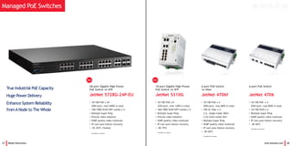 27 Beijer Electronics
Managed PoE Switches
28-port Gigabit High Power
PoE Switch /w SFP
JetNet 5728G-24P-EU
• 10/100 PoE x 24
30W/port, max 540W in total
• 100/1000 RJ45/SFP combo x 4
• Multiple Super Ring
• Precise video isolation
• IGMP quality video multicast
• IP cam auto failure recovery
• -25~65oC, Fanless
(Available by request)
True Industrial PoE Capacity
Huge Power Delivery
Enhance System Reliability
fromANode to The Whole
www.korenix.com 28
6-port PoE Switch
/w fiber
JetNet 4706f
• 10/100 PoE x 4
20W/port, max 80W in total
• 100 SC fiber x 2
[-s] single-mode 30km
[-m] multi-mode 2km
• Multiple Super Ring
• IGMP quality video multicast
• IP cam auto failure recovery
• -40~60oC
(Available by request)
10-port Gigabit High Power
PoE Switch /w SFP
JetNet 5310G
• 10/100 PoE x 8
32W/port, max 120W in total
• 100/1000 RJ45/SFP combo x 2
• Multiple Super Ring
• Precise video isolation
• IGMP quality video multicast
• IP cam auto failure recovery
• -40~75oC
(Available by request)
6-port PoE Switch
JetNet 4706
• 10/100 PoE x 4
20W/port, max 80W in total
• 10/100 RJ45 x 2
• Multiple Super Ring
• IGMP quality video multicast
• IP cam auto failure recovery
• -40~60oC
(Available by request)
Hot Hot
 