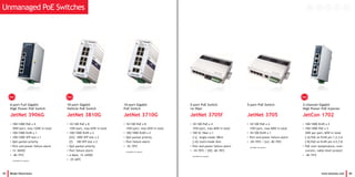 29 Beijer Electronics
10-port Gigabit
Vehicle PoE Switch
JetNet 3810G
• 10/100 PoE x 8
15W/port, max 65W in total
• 100/1000 RJ45 x 2
[Gf] 1000 SFP slot x 2
[f] 100 SFP slot x 2
• QoS packet priority
• Port failure alarm
• e Mark, 12~24VDC
• -25~60oC
6-port Full Gigabit
High Power PoE Switch
JetNet 3906G
• 100/1000 PoE x 4
30W/port, max 120W in total
• 100/1000 RJ45 x 1
• 100/1000 SFP slot x 1
• QoS packet priority
• Port and power failure alarm
• 12~36VDC
• -40~75oC
(Available by request)
www.korenix.com 30
5-port PoE Switch
/w fiber
JetNet 3705f
• 10/100 PoE x 4
15W/port, max 60W in total
• 100 SC fiber x 1
[-s] single-mode 30km
[-m] multi-mode 2km
• Port and power failure alarm
• -10~70oC / [W] -40~70oC
(Available by request)
10-port Gigabit
PoE Switch
JetNet 3710G
• 10/100 PoE x 8
15W/port, max 65W in total
• 100/1000 RJ45 x 2
• QoS packet priority
• Port failure alarm
• -25~70oC
(Available by request)
Unmanaged PoE Switches
5-port PoE Switch
JetNet 3705
• 10/100 PoE x 4
15W/port, max 60W in total
• 10/100 RJ45 x 1
• Port and power failure alarm
• -20~70oC / [w] -40~70oC
(Available by request)
Hot Hot
2-channel Gigabit
High Power PoE Injector
JetCon 1702
• 100/1000 RJ45 x 2
• 100/1000 PoE x 2
30W per port, 60W in total
[-A] PoE on RJ45 pin 1,2,3,6
[-B] PoE on RJ45 pin 4,5,7,8
• PoE over-temperature, over-
current, cable-short protect
• -40~75oC
Hot
 