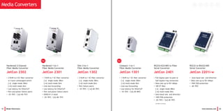 31 Beijer Electronics www.korenix.com 32
Hardened 2-Channel
Fiber Media Converter
JetCon 2302
• 2 RJ45 to 2 SC fiber converter
or 4-port unmanaged switch
[-s] single-mode 30km
[-m] multi-mode 2km
• Low latency for EtherCAT
• Port and power failure alarm
• -25~70oC / [w]-40~75oC
Hardened 1-to-1
Fiber Media Converter
JetCon 2301
• 1 RJ45 to 1 SC fiber converter
[-s] single-mode 30km
[-m] multi-mode 2km
• Link loss forwarding
• Low latency for EtherCAT
• Port and power failure alarm
• EN50121-4 rated
• -25~70oC / [w]-40~75oC
Compact 1-to-1
Fiber Media Converter
JetCon 1301
• 1 RJ45 to 1 SC fiber converter
[-s] single-mode 30km
[-m] multi-mode 2km
• Link loss forwarding
• Low latency for EtherCAT
• -10~70oC / [w]-40~80oC
Slim 2-to-1
Fiber Media Converter
JetCon 1302
• 2 RJ45 to 1 SC fiber converter
[-s] single-mode 30km
[-m] multi-mode 2km
• Port failure alarm
• -10~70oC / [-w]-40~70oC
Media Converters
Hot
RS232/422/485 to Fiber
Serial Converter
JetCon 2401
• Full duplex peer-to-peer or
half duplex ring connection
• Data rate up to 921.6kbps
• 100 ST fiber
[-s] single-mode 40km
[-m] multi-mode 5km
• Auto baud rate and direction
• 15KV ESD protection
• -20~70oC / [w]-40~70oC
(Available by request)
RS232 to RS422/485
Serial Converter
JetCon 2201i-w
• Auto baud rate and direction
• Data rate up to 921.6kbps
• 15KV ESD protection
• -40~70oC
Hot
 