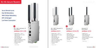 t
t t
41 Beijer Electronics
Redundant 3G
Secure Router
JetWave 2310
• Gigabit LAN x 2
• IPSec VPN/Open VPN
NAT/Firewall/DMZ
• Hardware-based NAT routing
• OPC UA managed
• -25~70oC
(Available by request)
Secure RemoteAccess
Dual SIM Redundancy
WAN/Cellular Redundancy
OPC UAManaged
Low Power Consumption
www.korenix.com 42
Wifi + WAN + Redundant 3G
Secure Router
JetWave 2311
• Gigabit WAN x 1, LAN x 1
• High speed Wifi AP or client
360o up to 20m
• IPSec VPN/Open VPN
NAT/Firewall/DMZ
• LAN/Wifi to WAN/3G routing
• WAN to 3G redundancy
• OPC UA managed
• -25~70oC
(Available by request)
Redundant LTE
Secure Router
JetWave 2310-LTE
• Gigabit LAN x 2
• IPSec VPN/Open VPN
NAT/Firewall/DMZ
• Hardware-based NAT routing
• OPC UA managed
• -25~70oC
(Available by request)
3G/4G Secure Routers
Wifi + WAN + Redundant LTE
Secure Router
JetWave 2311-LTE
• Gigabit WAN x 1, LAN x 1
• High speed Wifi AP or client
360o up to 20m
• IPSec VPN/Open VPN
NAT/Firewall/DMZ
• LAN/Wifi to WAN/LTE routing
• WAN to LTE redundancy
• OPC UA managed
• -25~70oC
(Available by request)
HotHot
 