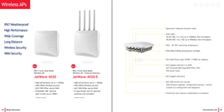 • Qualcomm industrial solution inside
• Dual radio
WLAN1 802.11n 2.4G up to 300Mbps data throughput
WLAN2 802.11ac 5.8G up to 866Mbps data throughput
• IP67, -40~70oC operating temperature
• Pole/Wall/Celling mounting kit included
43 Beijer Electronics
IP67 Weatherproof
High Performance
Wide Coverage
Long Distance
Wireless Security
WAN Security
www.korenix.com 44
Next
802.11n/ac Dual Radio
Wireless AP
JetWave 4020
• High performance up to 1.16Gbps
• WPA/WPA2 Wireless security
• NAT/VPN/IPSec secure WAN
• Embedded 180o antenna
peer-to-peer up to 1500m
(Available by request)
New
Next
New
Next
802.11n/ac Dual Radio
Wireless AP - External Antenna
JetWave 4020-E
• High performance up to 1.16Gbps
• WPA/WPA2 Wireless security
• NAT/VPN/IPSec secure WAN
• N-type female slot for optional
antennas (not included)
(Available by request)
• M12 Dual Power Input 24VDC (110VDC by request)
• M12 Gigabit LAN port1 or WAN
NAT/Firewall/DMZ/OpenVPN/IPSec VPN
PoE power input
• M12 Gigabit LAN port2
• M12 USB and RS-232 console
USB firmware upgrade, configuration backup / restore
Console CLI configuration and diagnostic
• Protective vent reduces condensation in enclosure
Wireless APs
 