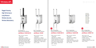 45 Beijer Electronics
Rugged Housing
High Performance
Long Distance
Wireless Security
Wireless Redundancy
www.korenix.com 46
802.11n Single Radio
Industrial Wireless AP/Client
JetWave 3220-SR
• 802.11a/b/g/n 2.4G/5G
configurable
• High speed up to 300Mbps
• Wireless security
• Default 360o antenna up to 50m
• EN50155 train / e-Mark vehicle
• IP31, -40~70oC
802.11n Dual Radio
Industrial Wireless AP/Client
JetWave 3220-M12
• 802.11a/b/g/n 2.4G/5G
configurable
• High speed up to 300Mbps
• Wireless redundancy and security
• Default 360o antenna up to 50m
• M12 connector against vibration
• EN50155 train / e-Mark vehicle
• IP31, -40~70oC
(Available by request)
802.11n Single Radio
Outdoor Wireless AP/Client
JetWave 2450 V2
• 802.11b/g/n 2.4G
• High speed up to 300Mbps
• Wireless security
• Support Firewall/DMZ
• Embedded antenna 70o up to 2km
• IP55, -20~70oC
Wireless APs
802.11n Dual Radio
Industrial Wireless AP/Client
JetWave 3220
• 802.11a/b/g/n 2.4G/5G
configurable
• High speed up to 300Mbps
• Wireless redundancy and security
• Default 360o antenna up to 50m
• EN50155 train / e-Mark vehicle
• IP31, -40~70oC
LTE and 802.11n
Industrial Wireless AP/Router
JetWave 3420-M12
• 802.11a/b/g/n 2.4G/5G
configurable
• High speed up to 300Mbps
• Default 360o antenna up to 50m
• WAN/VPN/Firewall/NAT/DMZ
• M12 connector against vibration
• EN50155 train / e-Mark vehicle
• IP31, -40~70oC
(Available by request)
NewHot
 