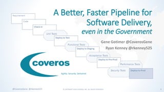 © COPYRIGHT 2018 COVEROS, INC. ALL RIGHTS RESERVED. 1@CoverosGene @rkenney525
Agility. Security. Delivered.
A Better, Faster Pipeline for
Software Delivery,
even in the Government
Gene Gotimer @CoverosGene
Ryan Kenney @rkenney525
 