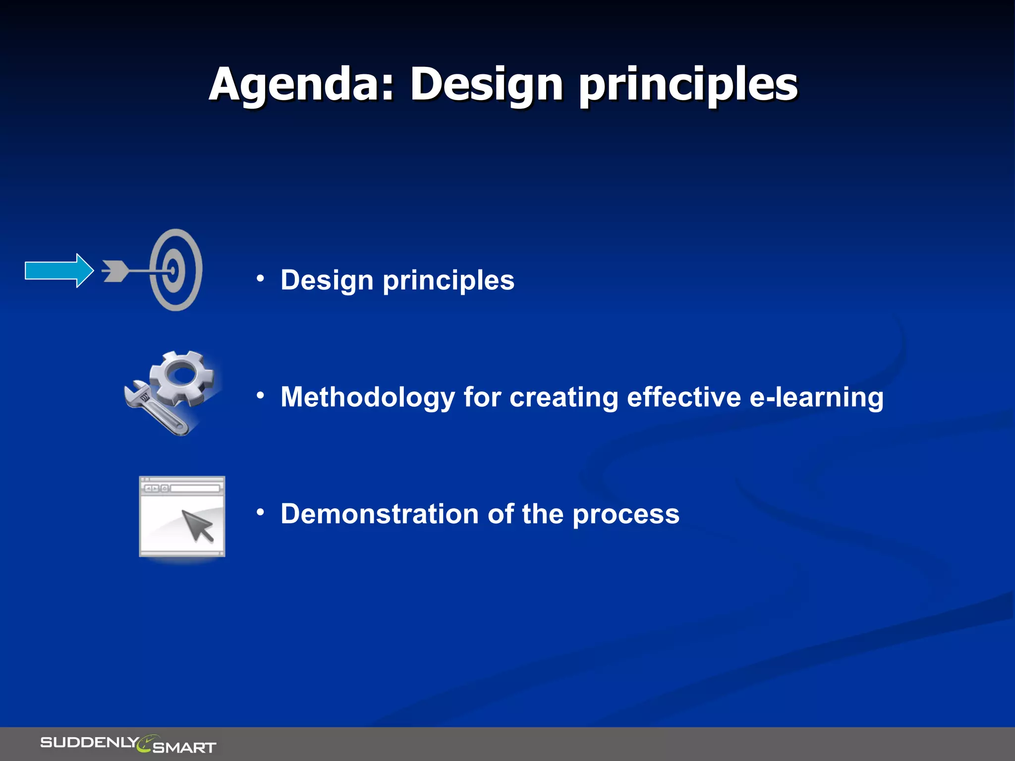Agenda: Design principles Design principles Methodology for creating effective e-learning Demonstration of the process 