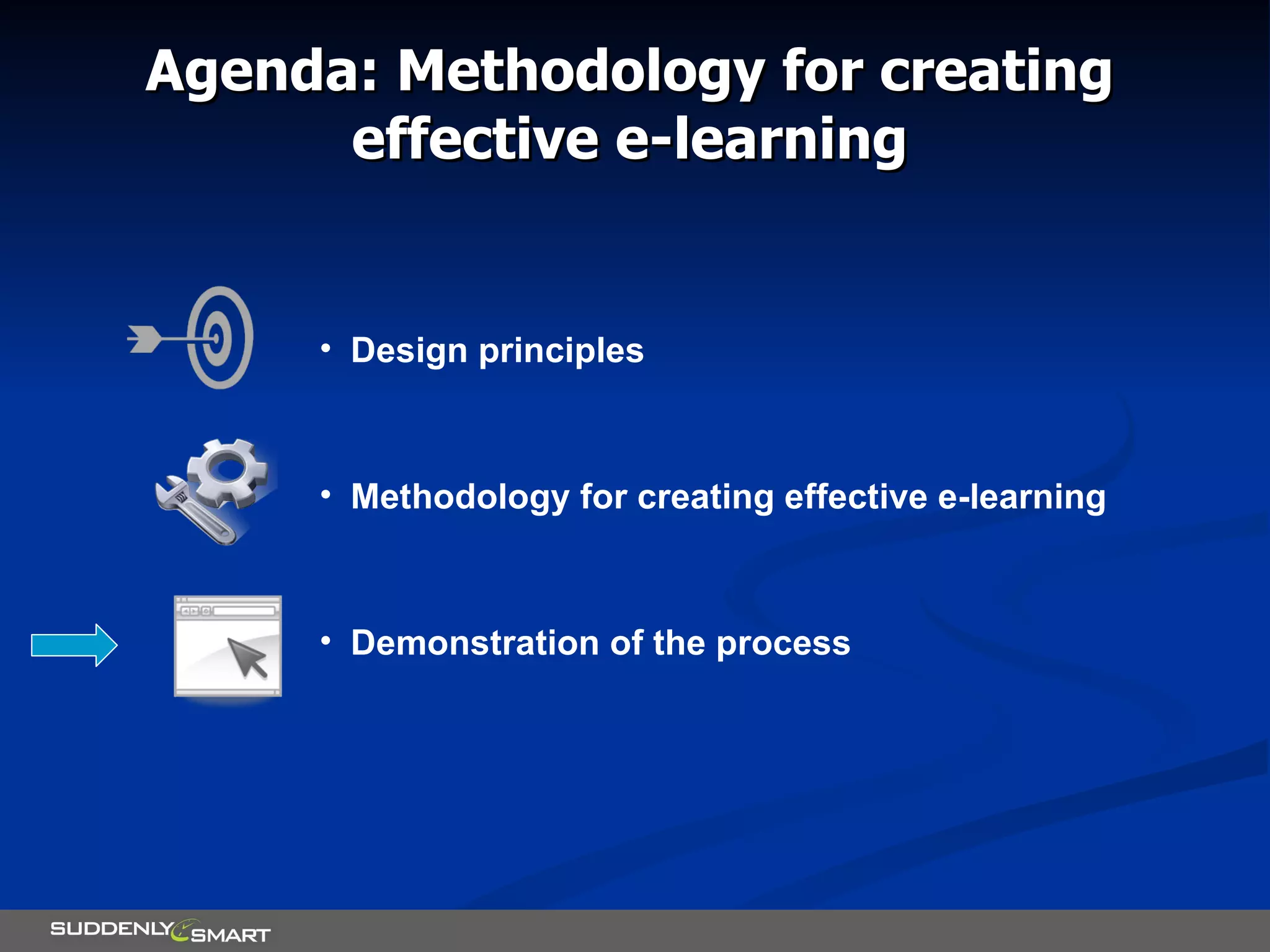 Agenda: Methodology for creating effective e-learning Design principles Methodology for creating effective e-learning Demonstration of the process 