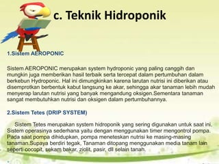 c. Teknik Hidroponik
1.Sistem AEROPONIC
Sistem AEROPONIC merupakan system hydroponic yang paling canggih dan
mungkin juga memberikan hasil terbaik serta tercepat dalam pertumbuhan dalam
berkebun Hydroponic. Hal ini dimungkinkan karena larutan nutrisi ini diberikan atau
disemprotkan berbentuk kabut langsung ke akar, sehingga akar tanaman lebih mudah
menyerap larutan nutrisi yang banyak mengandung oksigen.Sementara tanaman
sangat membutuhkan nutrisi dan oksigen dalam pertumbuhannya.
2.Sistem Tetes (DRIP SYSTEM)
Sistem Tetes merupakan system hidroponik yang sering digunakan untuk saat ini.
Sistem operasinya sederhana yaitu dengan menggunakan timer mengontrol pompa.
Pada saat pompa dihidupkan, pompa meneteskan nutrisi ke masing-masing
tanaman.Supaya berdiri tegak, Tanaman ditopang menggunakan media tanam lain
seperti cocopit, sekam bakar, ziolit, pasir, dll selain tanah.
 