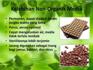 Kelebihan Non-Organik Media
• Permanen, dapat dipakai dalam
jangka waktu yang lama
• Porus, aerasi optimal
• Cepat mengatuskan air, media
tidak terlalu lembab
• Sterilitasnya lebih terjamin
• Jarang digunakan sebagai inang
bagi jamur, bakteri, dan virus
 