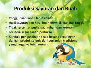 Produksi Sayuran dan Buah
• Penggunaan lahan lebih efisien.
• Hasil sayuran dan hasil buah memiliki kualitas tinggi.
• Tidak tercemar pestisida, limbah dan kotoran.
• Tersedia segar saat diperlukan
• Kendala pengusahaan skala besar : persaingan
dengan produk sejenis dari pertanian tradisional
yang harganya lebih murah.
 
