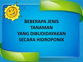 BEBERAPA JENIS
TANAMAN
YANG DIBUDIDAYAKAN
SECARA HIDROPONIK
 