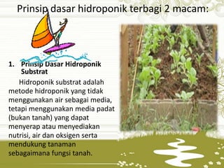 Prinsip dasar hidroponik terbagi 2 macam:
1. Prinsip Dasar Hidroponik
Substrat
Hidroponik substrat adalah
metode hidroponik yang tidak
menggunakan air sebagai media,
tetapi menggunakan media padat
(bukan tanah) yang dapat
menyerap atau menyediakan
nutrisi, air dan oksigen serta
mendukung tanaman
sebagaimana fungsi tanah.
 