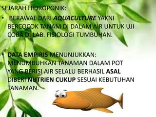 SEJARAH HIDROPONIK:
• BERAWAL DARI AQUACULTURE YAKNI
BERCOCOK TANAM DI DALAM AIR UNTUK UJI
COBA DI LAB. FISIOLOGI TUMBUHAN.
• DATA EMPIRIS MENUNJUKKAN:
MENUMBUHKAN TANAMAN DALAM POT
YANG BERISI AIR SELALU BERHASIL ASAL
DIBERI NUTRIEN CUKUP SESUAI KEBUTUHAN
TANAMAN.
 