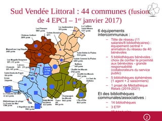 Sud Vendée Littoral : 44 communes (fusion
de 4 EPCI – 1er
janvier 2017)
6 équipements
intercommunaux :
– Tête de réseau (11
salariés/8 bibliothécaires) :
équipement central +
animation du réseau de 40
bénévoles
– 5 bibliothèques bénévoles :
choix de confier la proximité
aux bénévoles - grande
responsabilité
(collaborateurs du service
public)
– 5 bibliothèques éphémères
(1 agent + 2 saisonniers)
– 1 projet de Médiathèque
Relais (2019-2021)
Et des bibliothèques
communales/associatives :
– 14 bibliothèques
– 3 ETP
– 95 bénévoles
2
 