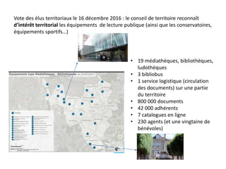 • 19 médiathèques, bibliothèques,
ludothèques
• 3 bibliobus
• 1 service logistique (circulation
des documents) sur une partie
du territoire
• 800 000 documents
• 42 000 adhérents
• 7 catalogues en ligne
• 230 agents (et une vingtaine de
bénévoles)
Vote des élus territoriaux le 16 décembre 2016 : le conseil de territoire reconnaît
d’intérêt territorial les équipements de lecture publique (ainsi que les conservatoires,
équipements sportifs…)
 