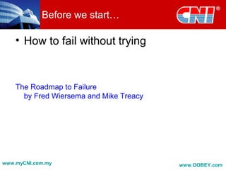 • How to fail without trying
The Roadmap to Failure
by Fred Wiersema and Mike Treacy
Before we start…
www.myCNI.com.my www.OOBEY.com
 