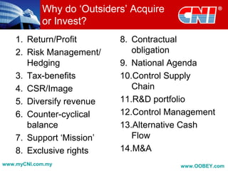 Why do ‘Outsiders’ Acquire
or Invest?
1. Return/Profit
2. Risk Management/
Hedging
3. Tax-benefits
4. CSR/Image
5. Diversify revenue
6. Counter-cyclical
balance
7. Support ‘Mission’
8. Exclusive rights
8. Contractual
obligation
9. National Agenda
10.Control Supply
Chain
11.R&D portfolio
12.Control Management
13.Alternative Cash
Flow
14.M&A
www.myCNI.com.my www.OOBEY.com
 
