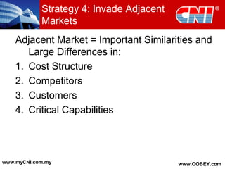 Strategy 4: Invade Adjacent
Markets
Adjacent Market = Important Similarities and
Large Differences in:
1. Cost Structure
2. Competitors
3. Customers
4. Critical Capabilities
www.myCNI.com.my www.OOBEY.com
 