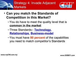 • Can you match the Standards of
Competition in this Market?
–You do have to meet the quality level that is
common in the market
–Three Standards:- Technology,
Relationships, Business-model
–You must have 80 percent of the capabilities
you need to match competitor’s Standards
Strategy 4: Invade Adjacent
Markets
www.myCNI.com.my www.OOBEY.com
 
